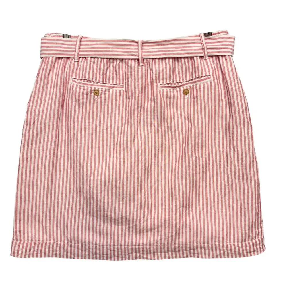 Talbots Linen Tie Waist Skirt Mini Midi Pink White Striped Skirt Size 10